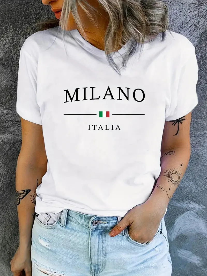 New Hot Selling Pattern Letters Printed Women's Fashion Short-sleeved T-shirt Cherry Round Neck Blouse Summer Fashion Polyester