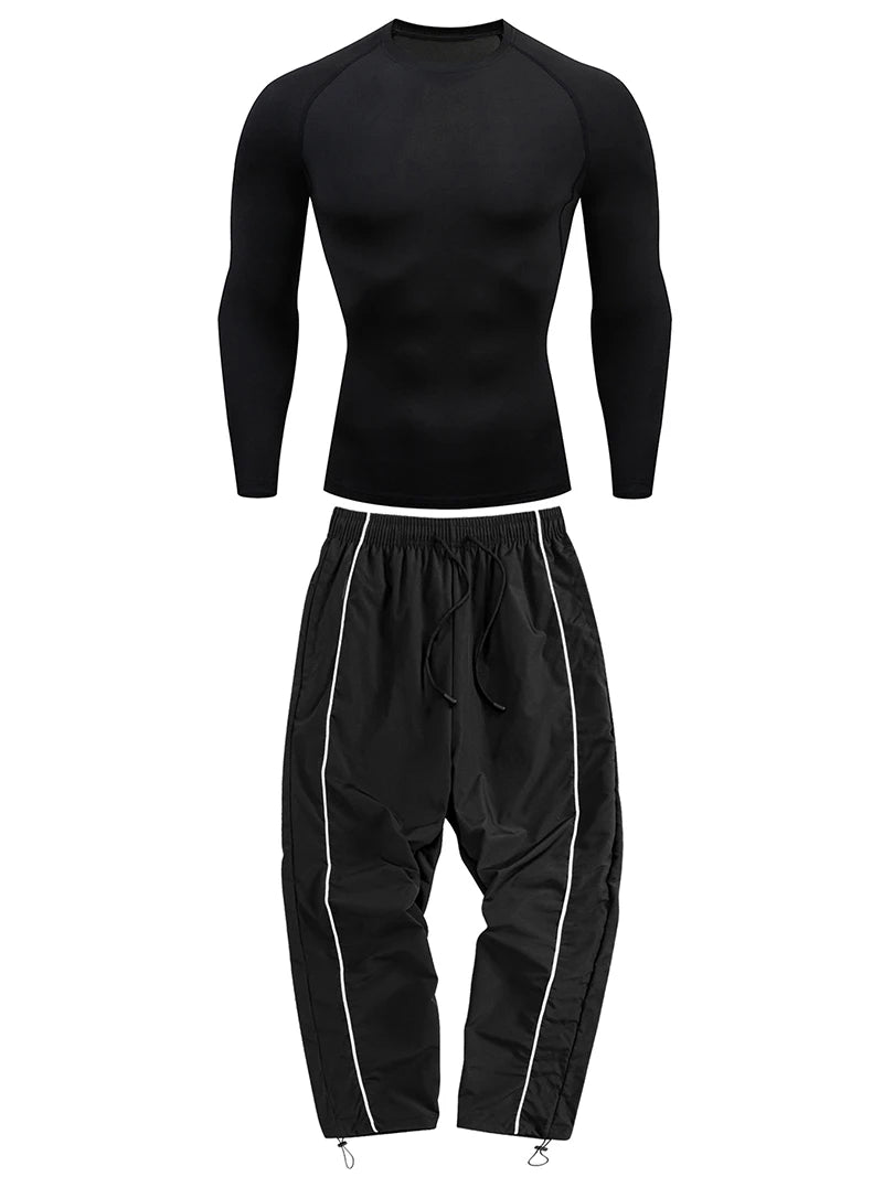 Mens Spring Fall Athletic 2 Piece Set Gym Workout Running Sportswear Long Sleeve Compression Shirt Pants Trousers Sweatpants