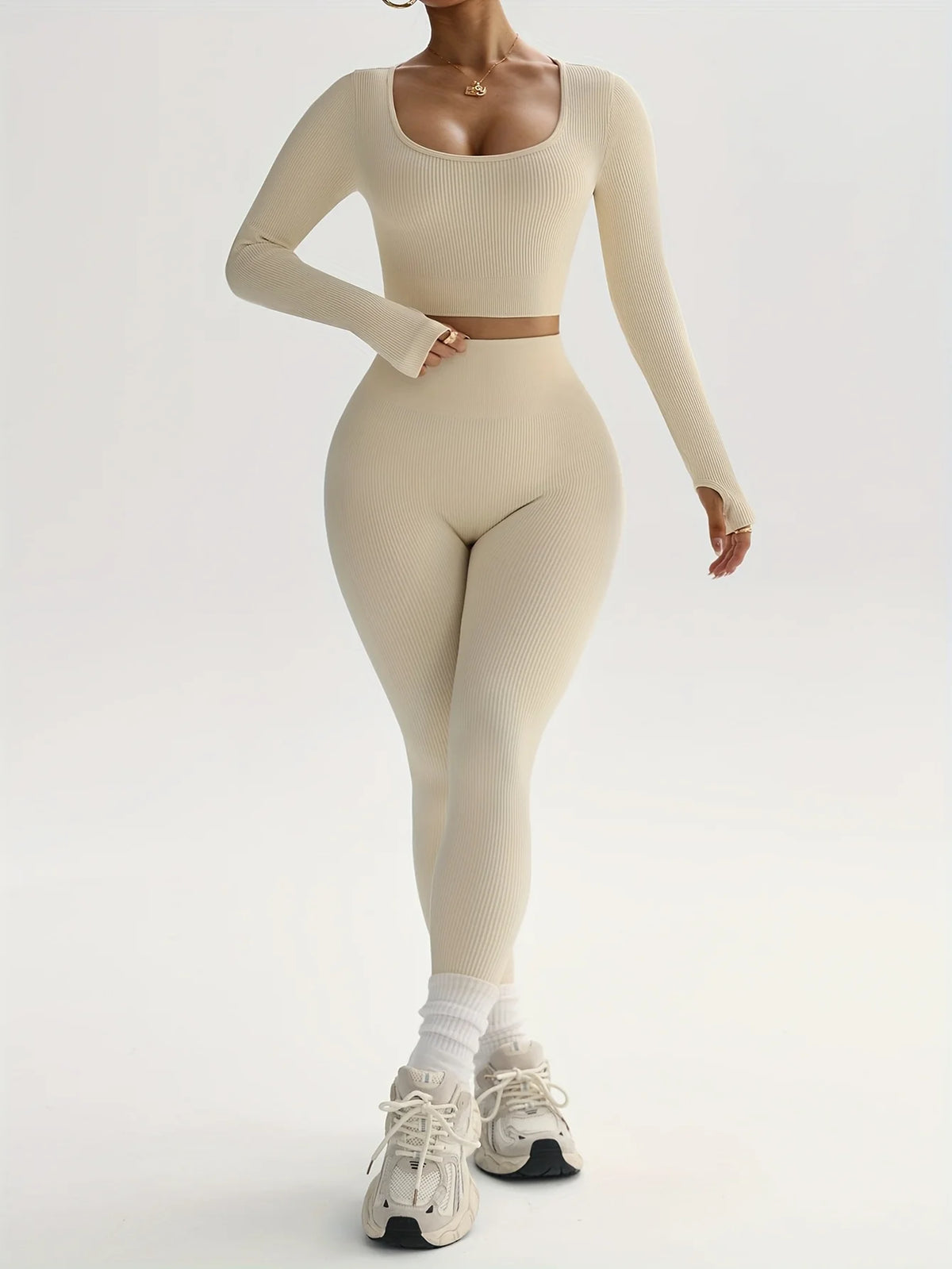 2 pieces set of pure color ribbed women's casual sportswear, sexy low-neck cropped sports long sleeves   high-waisted sports leg