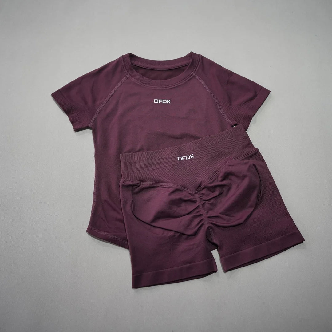 DFDK Quick Dry Breathable 2PCS Set, Seamless Short Sleeve Yoga Top, High Waist Shorts, Women Gym Running Workout Suit