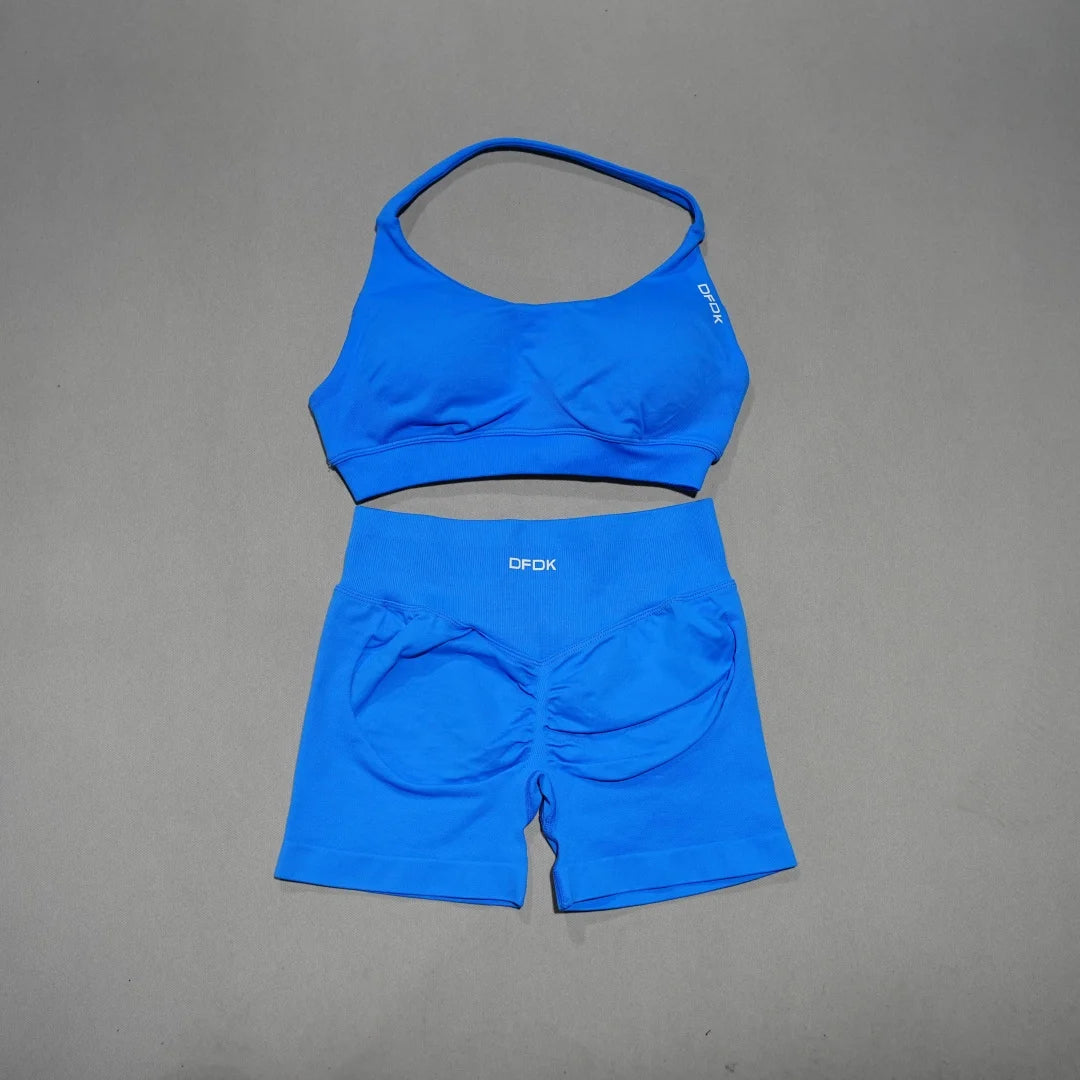 DFDK Women's Fashion 2 Piece Sports Set Lace Up Sports Bra Seamless Shorts Leggings Yoga Gym Fitness Running Tracksuit