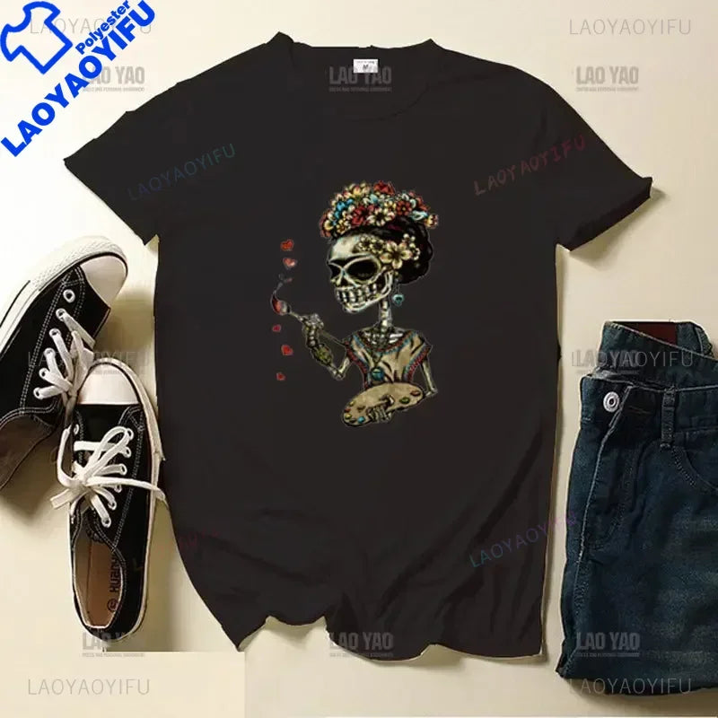 Skull Day of The Dead Graphic T Shirts Skeleton Woman Tshirts Mexican Heritage Flowers Black Tops Casual Kawaii Funny Clothes