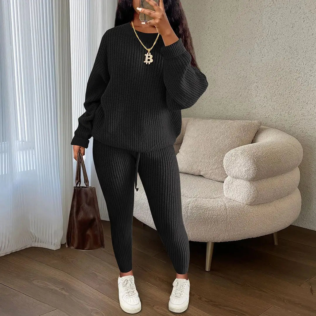 Knitted Sweater Two Piece Set For Women Autumn Winter Long Sleeve O Neck Sweater + Skinny Pants Sets Casual Knit Outfit Homewear
