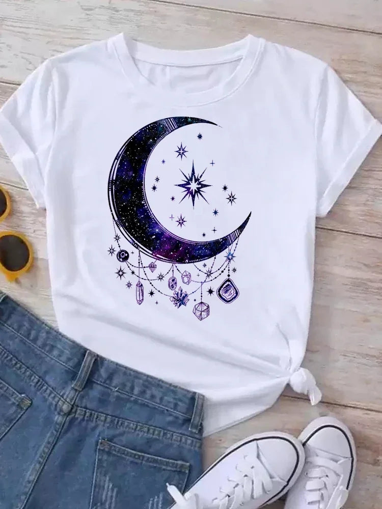 T Shirt Women Moon Planet Print Fashion Tee Shirts Casual Round Neck Short Sleeve Streetwear Female T-Shirt Vintage Tops