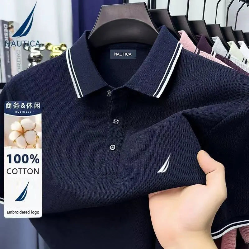 Nautica Embroidered Men's Casual Business Polo Shirt, Pure Cotton Summer Top, Short-Sleeved T-Shirt, Men's Brand Clothing