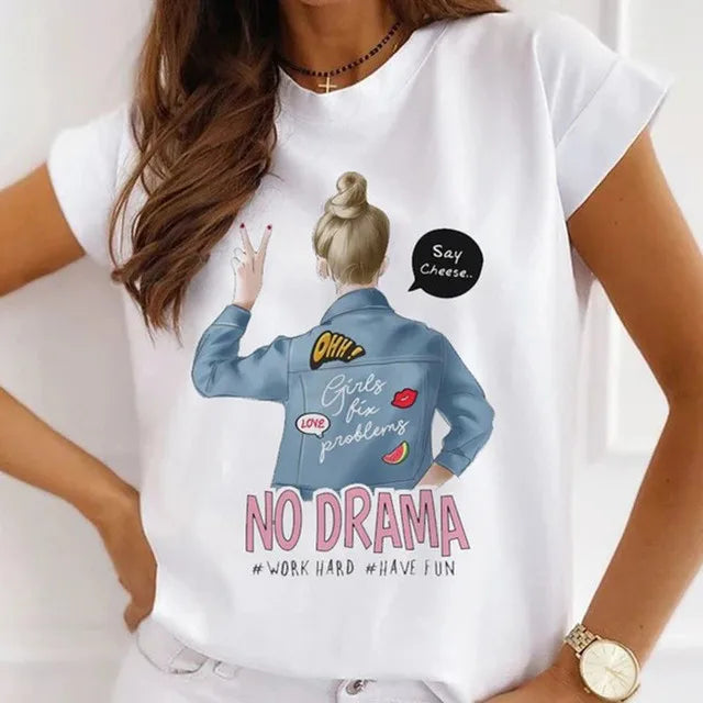 Fashion Girls Cool Half Sleeve American White T-shirt Women's Short Sleeve Top Casual Streetwear Clothing Polyester fiber fabric