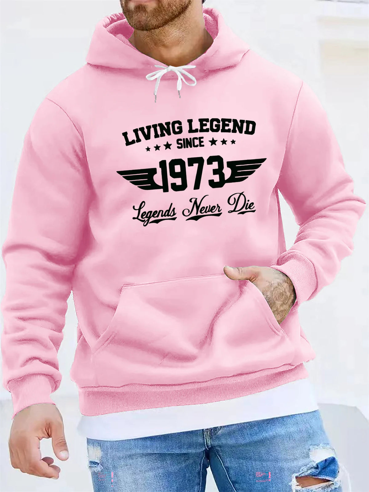 Men's autumn and winter casual fashion loose hoodie retro 1973 letter pattern printed long sleeved warm pullover sweater