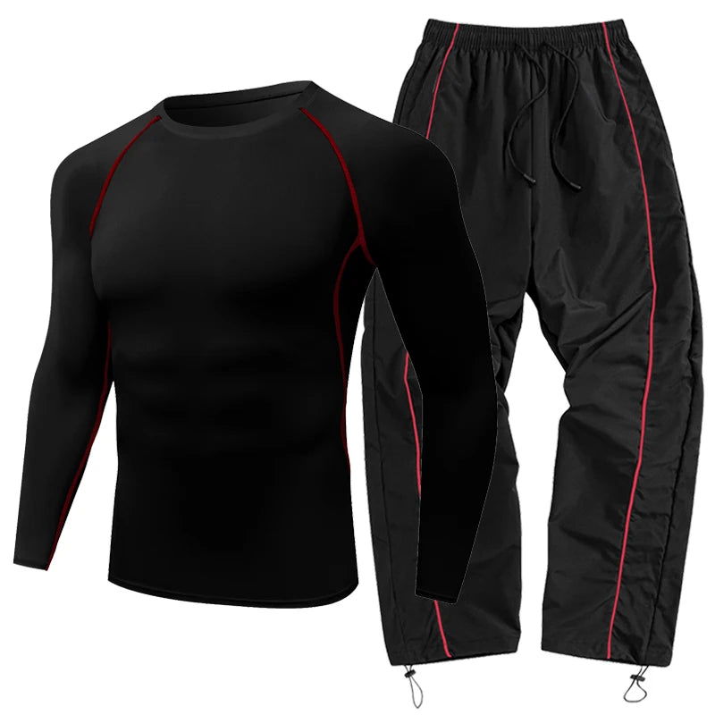 Mens Spring Fall Athletic 2 Piece Set Gym Workout Running Sportswear Long Sleeve Compression Shirt Pants Trousers Sweatpants