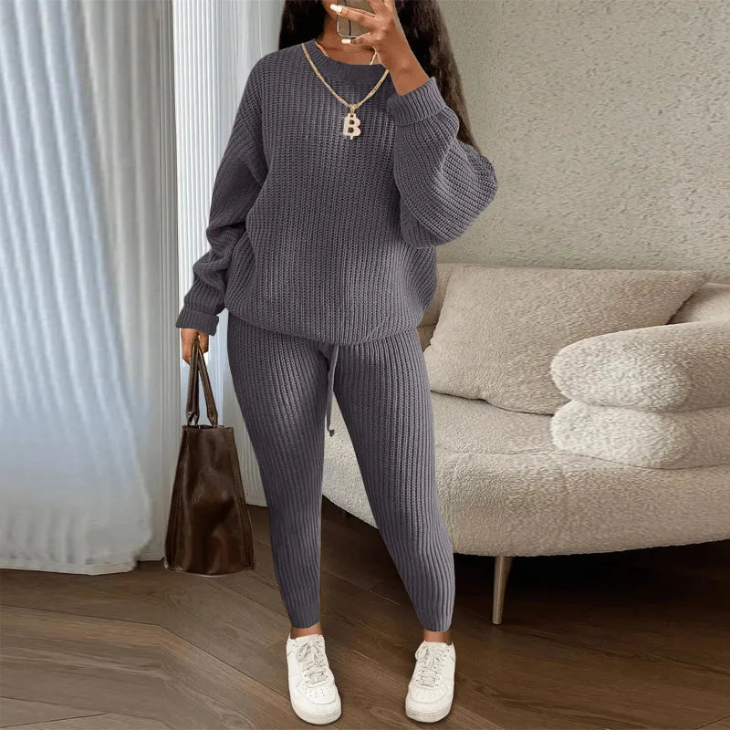 Knitted Sweater Two Piece Set For Women Autumn Winter Long Sleeve O Neck Sweater + Skinny Pants Sets Casual Knit Outfit Homewear