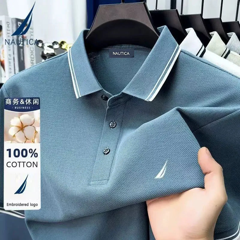 Nautica Embroidered Men's Casual Business Polo Shirt, Pure Cotton Summer Top, Short-Sleeved T-Shirt, Men's Brand Clothing