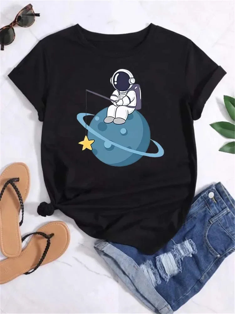 T Shirt Women Moon Planet Print Fashion Tee Shirts Casual Round Neck Short Sleeve Streetwear Female T-Shirt Vintage Tops
