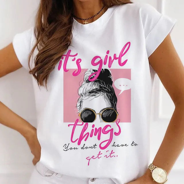 Fashion Girls Cool Half Sleeve American White T-shirt Women's Short Sleeve Top Casual Streetwear Clothing Polyester fiber fabric
