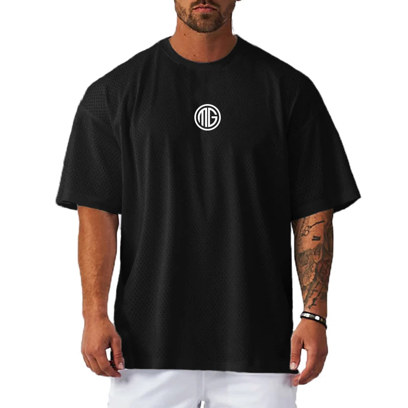 Mens Running T Shirt  Dropped Shoulders Mesh Quick Dry Crew Neck Loose Oversized Fit Breathable Moisture Wicking Gym Workout Tee