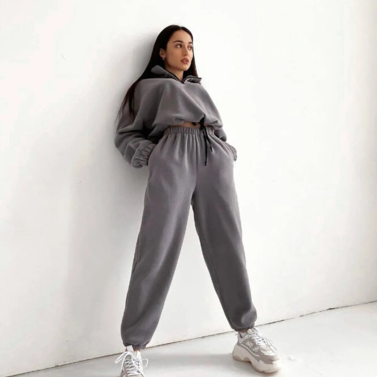 2Pcs/Set Women Sportswear Suit Casual Trousers Solid Color Hooded Sweatshirt And Pant Tracksuit Sport Suit Pullover Sweatshirt