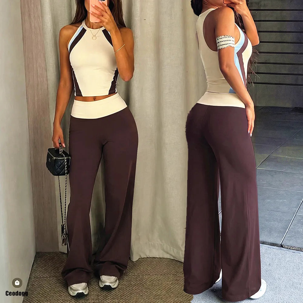 2PCS Pad Workout Sports Bra Vest Women Yoga Set Outfits High Waist Butt Straight Leg Wide Pant Fitness Gym Athletic Wear XP288