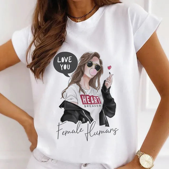 Fashion Girls Cool Half Sleeve American White T-shirt Women's Short Sleeve Top Casual Streetwear Clothing Polyester fiber fabric