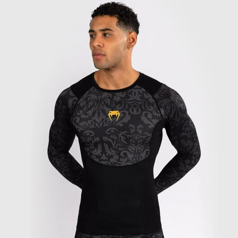 Gym Workout Shirts Men Sports Wear Casual Boxing Tops Combat Training Fitness Quick-Dry Short Sleeve Bodysuit