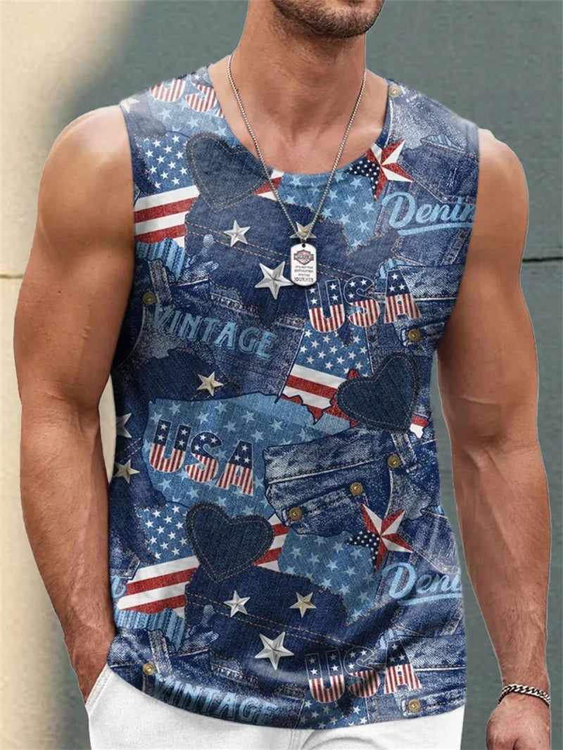 Fashion American Flag Graphic Tank Tops Summer Trendy Sleeveless 3D Printed Crew Neck Vest Casual Streetwear Oversized Tees Tops