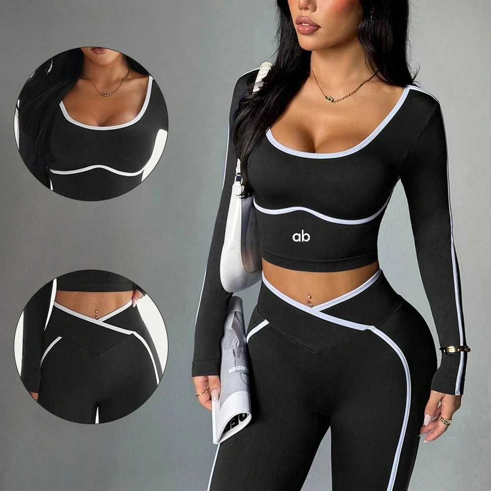 2026 Popular Color Blocking Yoga Set Tight Yoga Long Sleeved Pants V Waist and Hip Lifting Tight Yoga Pants Luxury abyoga Set