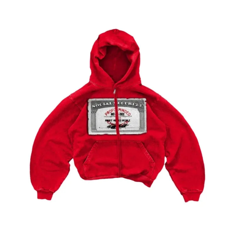 Dollar printed red new hooded sweatshirt autumn and winter American retro washed long-sleeved hooded trendy loose casual top