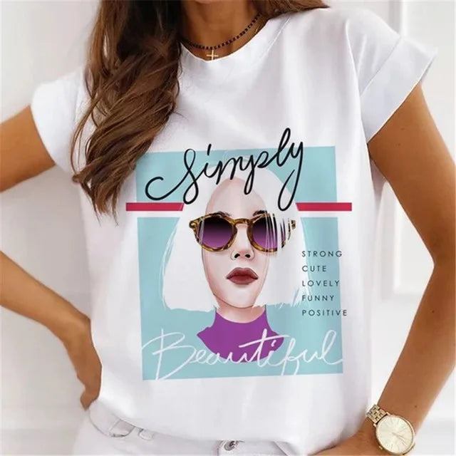 Fashion Girls Cool Half Sleeve American White T-shirt Women's Short Sleeve Top Casual Streetwear Clothing Polyester fiber fabric
