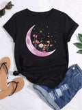 T Shirt Women Moon Planet Print Fashion Tee Shirts Casual Round Neck Short Sleeve Streetwear Female T-Shirt Vintage Tops