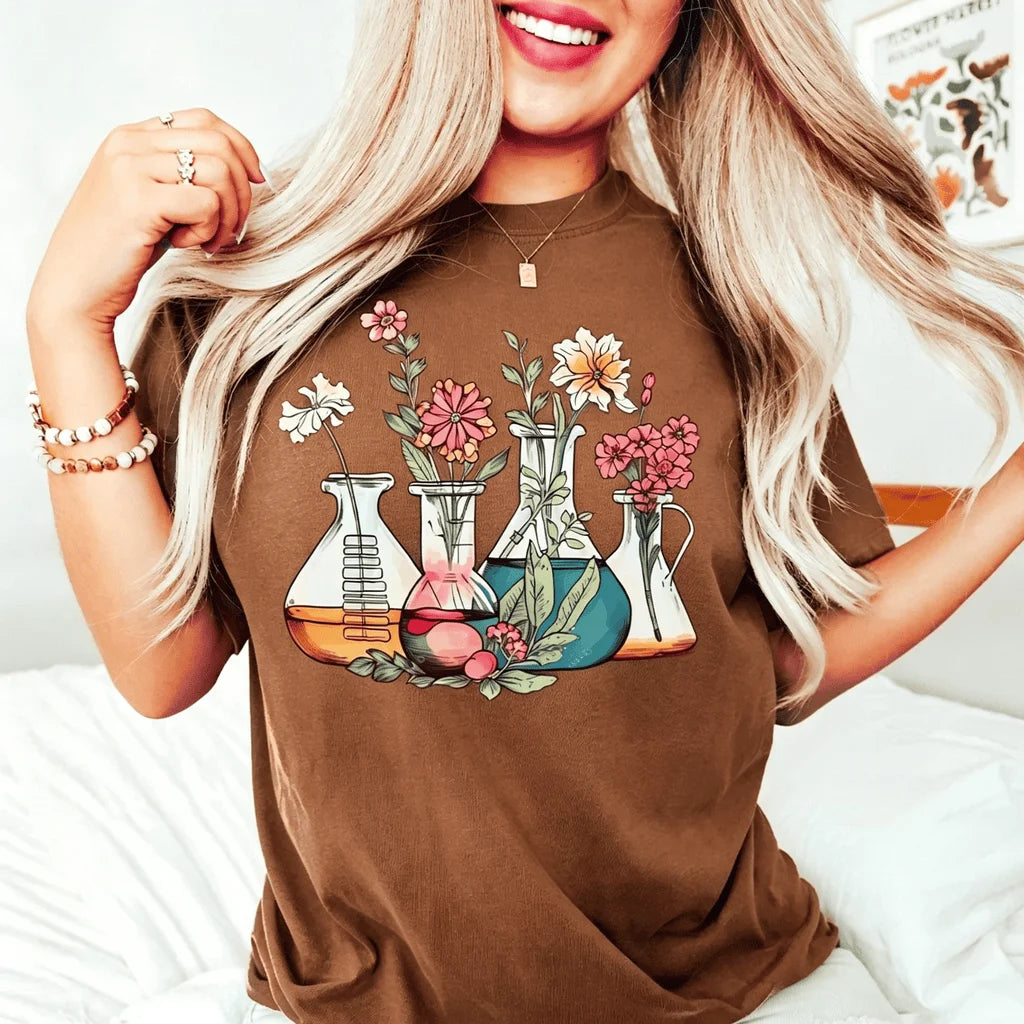 Women Vintage Oversize Cotton Round Neck Shirt Laboratory Shirt Floral Beakers Chemistry Lab Scientist Gift Biology Teacher Tee