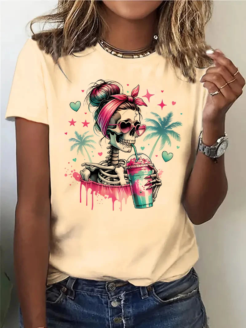 Skull Print Tshirt 90s Hip Hop Women'S Casual Graphic T-Shirt Short Sleeve T Shirt Clothing Top Tee