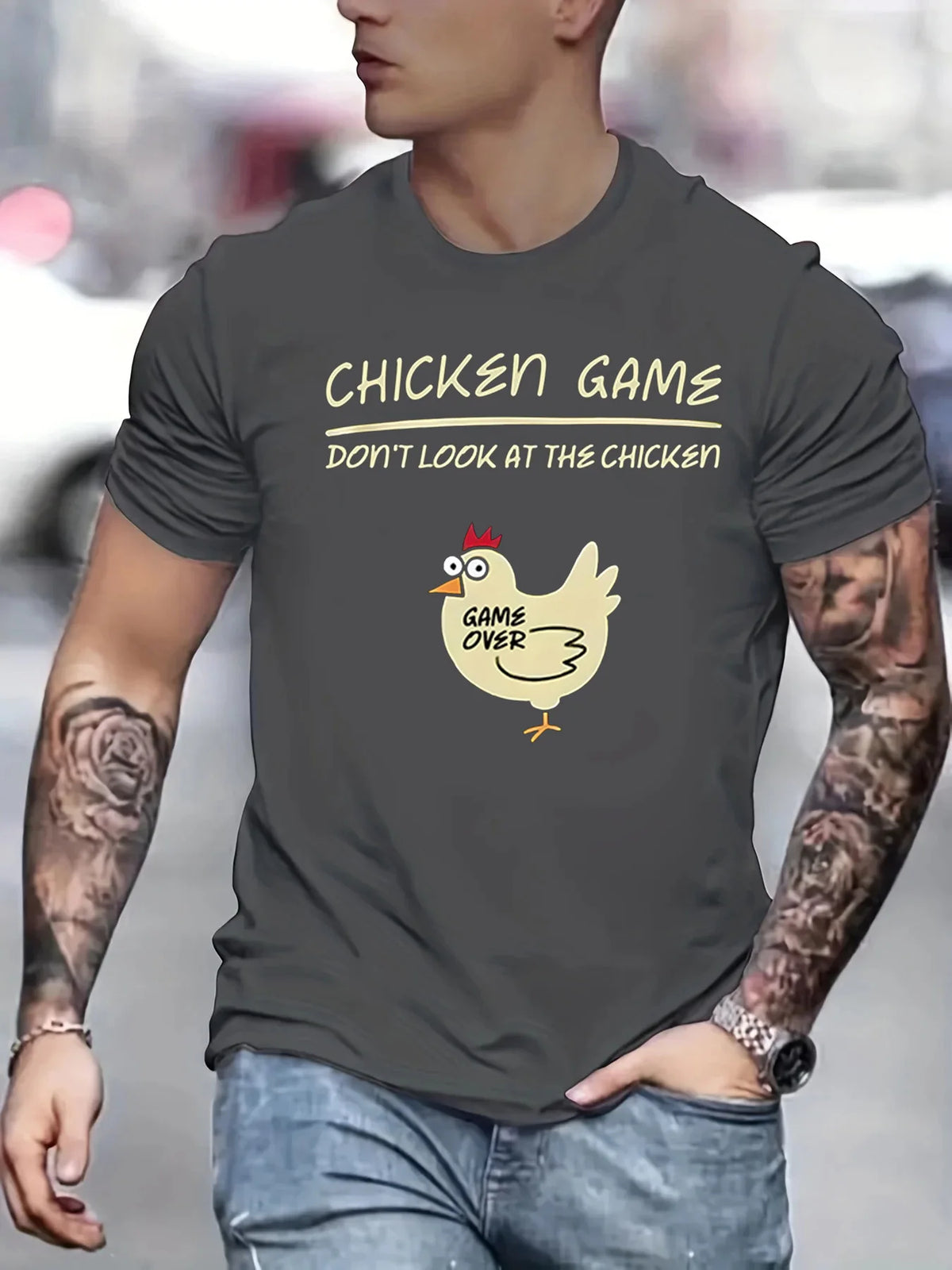 Men's 100% pure cotton fashionable casual loose sports fun chicken game pattern printed round neck short sleeved T-shirt top