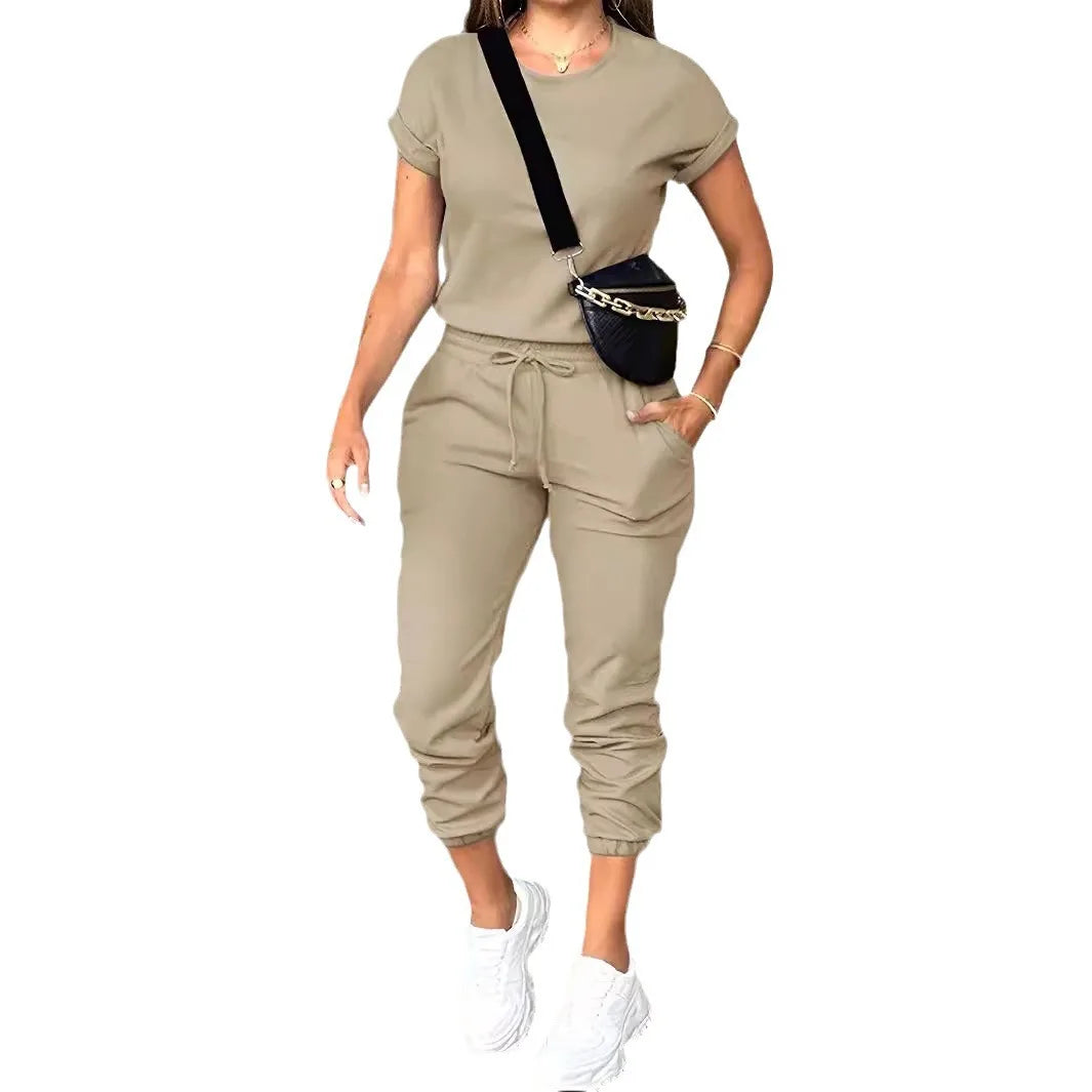 Sports Two-piece Set For Women Summer Fashion Comfortable Casual Solid Color Round Neck Short-sleeved Top And Elastic Pants Set