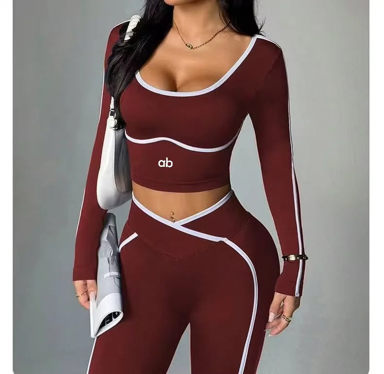 2026 Popular Color Blocking Yoga Set Tight Yoga Long Sleeved Pants V Waist and Hip Lifting Tight Yoga Pants Luxury abyoga Set