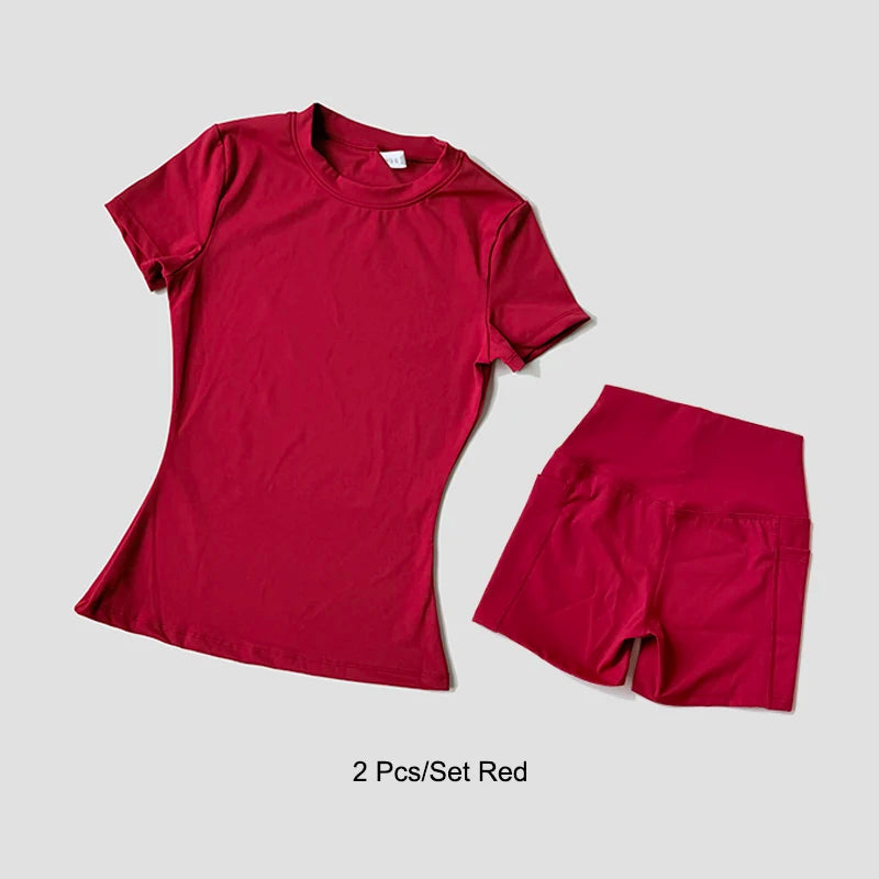 Sports Sets Fitness Hip-lifting Tight Top Short Sleeve Running Workout Gym Shorts Tracksuits For Women Breathable Sports Suits