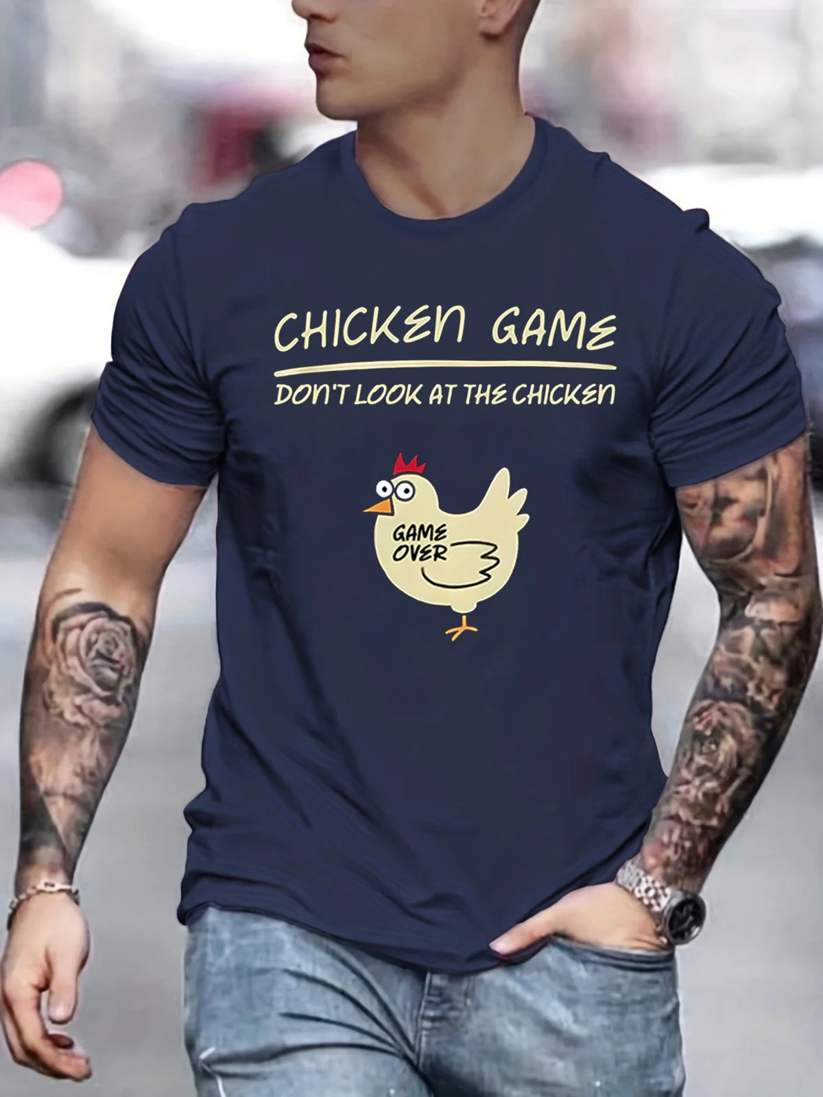 Men's 100% pure cotton fashionable casual loose sports fun chicken game pattern printed round neck short sleeved T-shirt top