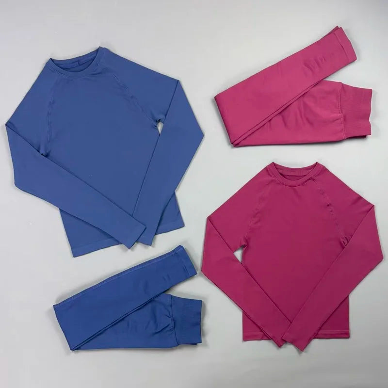 HISTELLO 2 Piece Gym Set Women Slim Fit Seamless Long Sleeve Top Elastic Fitness Leggings Sets Running Sports Yoga Workout Suit