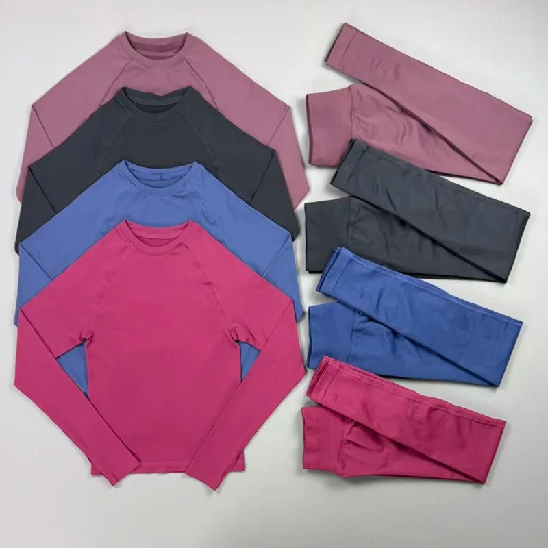 HISTELLO 2 Piece Gym Set Women Slim Fit Seamless Long Sleeve Top Elastic Fitness Leggings Sets Running Sports Yoga Workout Suit