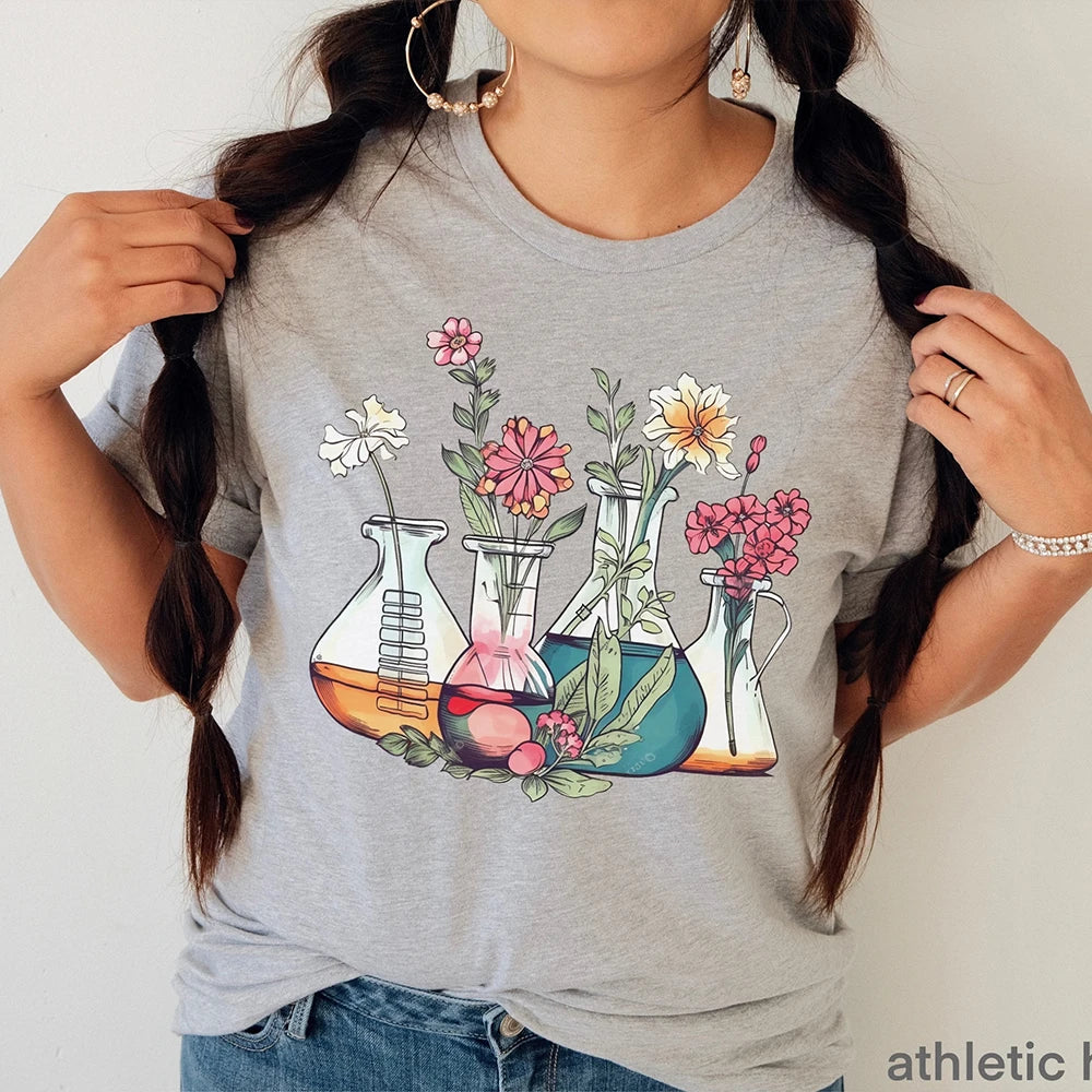 Women Vintage Oversize Cotton Round Neck Shirt Laboratory Shirt Floral Beakers Chemistry Lab Scientist Gift Biology Teacher Tee