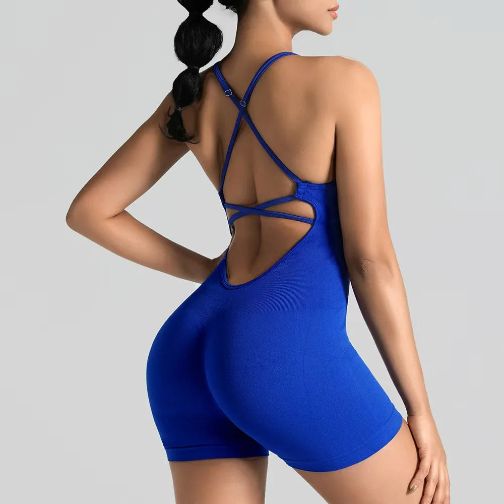 Women's Sexy Slim-Fit Yoga Shorts Jumpsuit Seamless Back Workout Bodysuit Breathable Quick-Dry Gym Running Pilates Fitness yoga