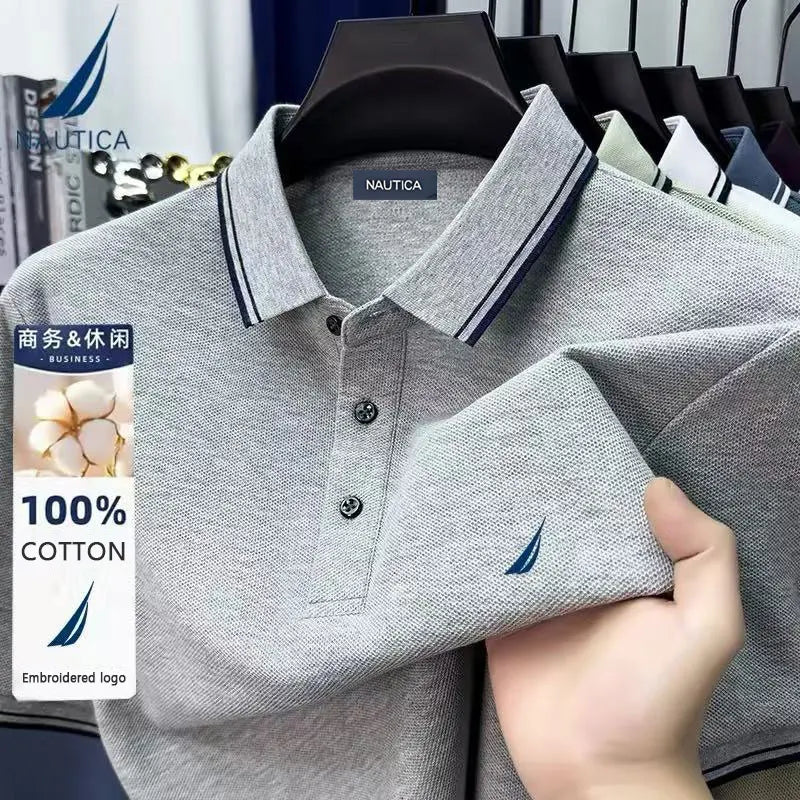 Nautica Embroidered Men's Casual Business Polo Shirt, Pure Cotton Summer Top, Short-Sleeved T-Shirt, Men's Brand Clothing
