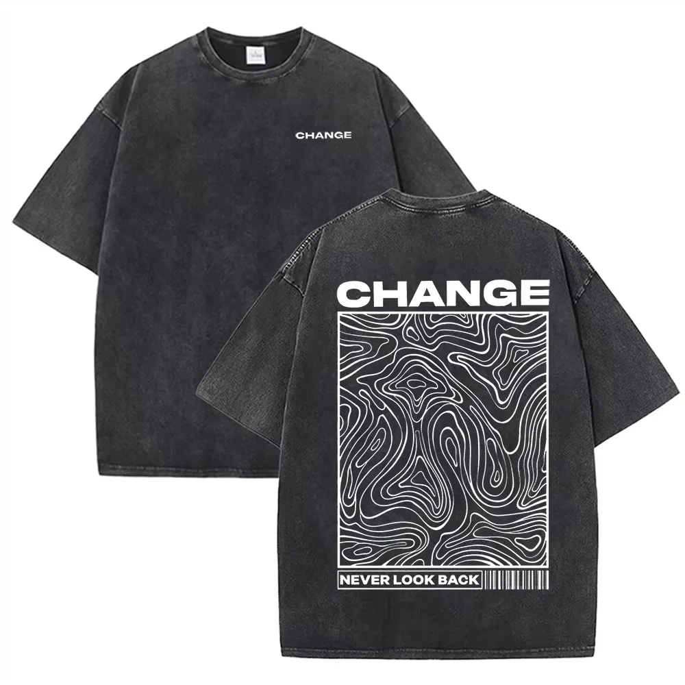 "CHANGE" Topographic Line Art Print Vintage Washed Beige Casual Graphic T Shirt