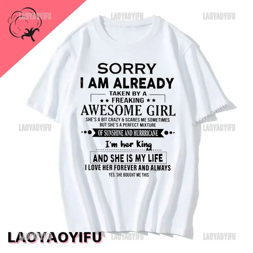 Sorry I Am Already Taken By A Freaking Awesome Guy Husband Couple T-Shirt Fashion Funny Husband and Wife T Shirt  Short-sleev
