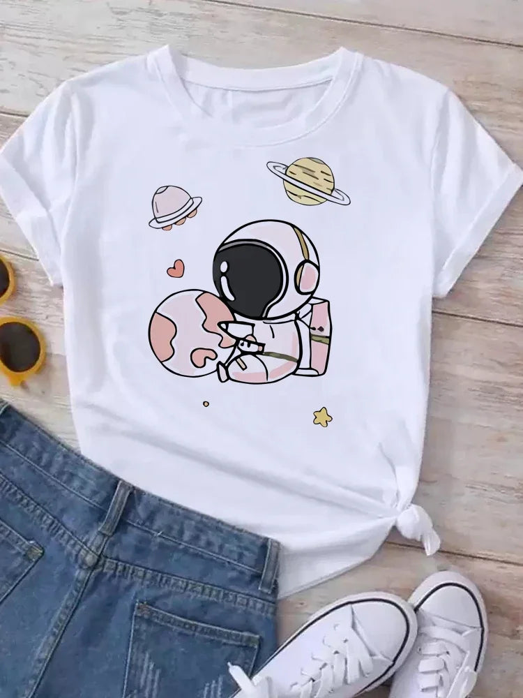 T Shirt Women Moon Planet Print Fashion Tee Shirts Casual Round Neck Short Sleeve Streetwear Female T-Shirt Vintage Tops