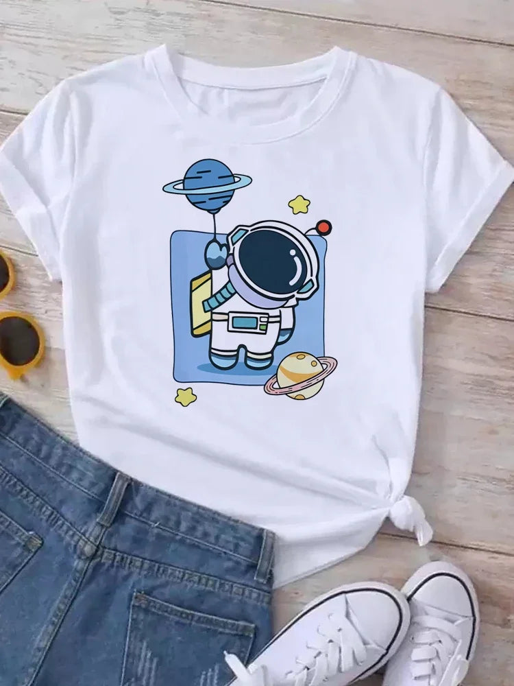 T Shirt Women Moon Planet Print Fashion Tee Shirts Casual Round Neck Short Sleeve Streetwear Female T-Shirt Vintage Tops